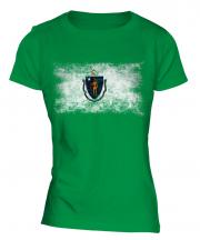 Massachusetts State Distressed Flag Ladies T-Shirt