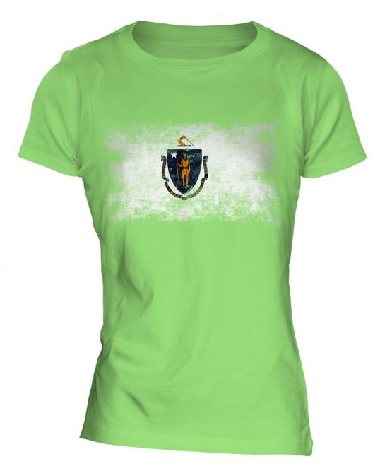 Massachusetts State Distressed Flag Ladies T-Shirt